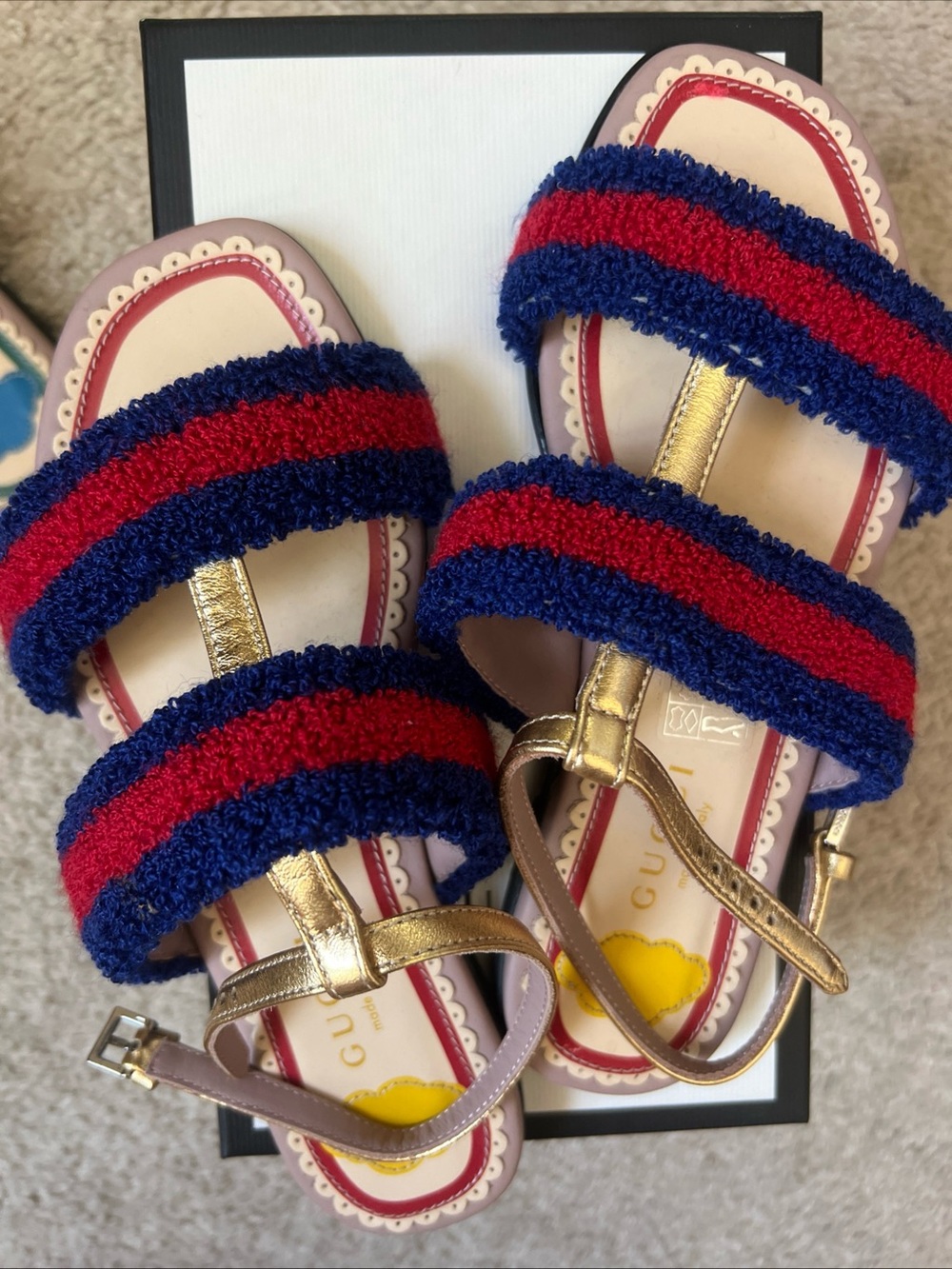 Gucci girl Striped Blue & Red Fuzzy Strap Sandals with Gold Accents size 32